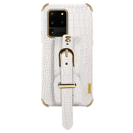 For Samsung Galaxy S20 Ultra Crocodile Texture Leather Coated TPU Phone Case 6D Electroplating Anti-drop Cover with Wristband - White