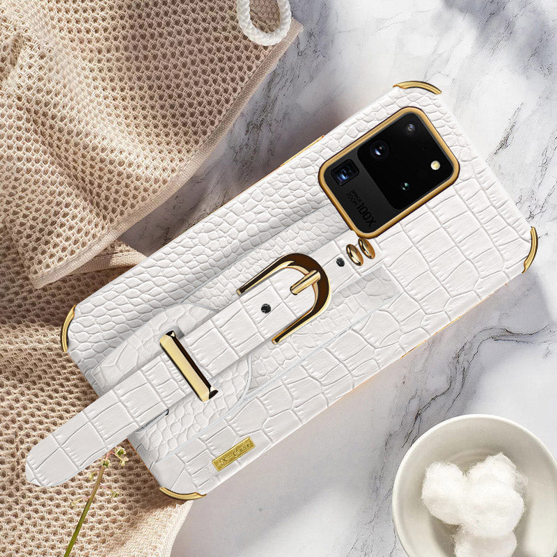 For Samsung Galaxy S20 Ultra Crocodile Texture Leather Coated TPU Phone Case 6D Electroplating Anti-drop Cover with Wristband - White