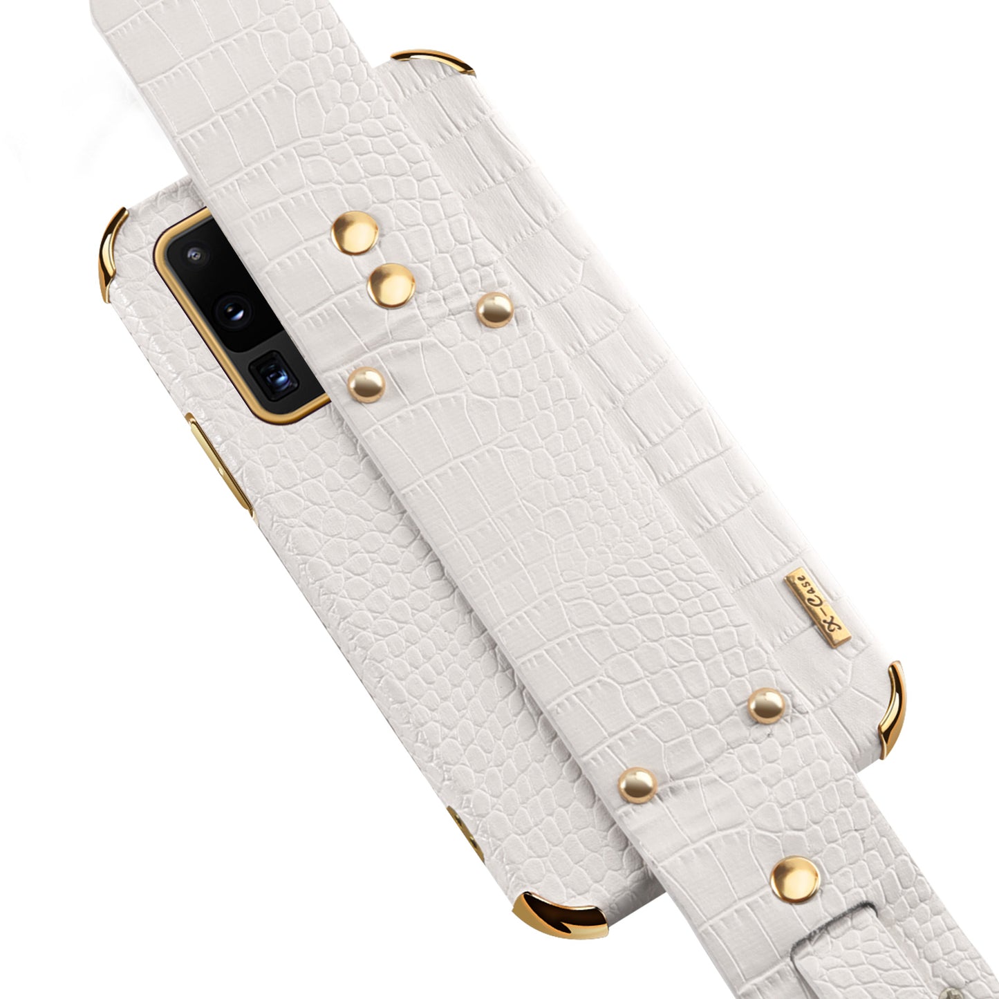 For Samsung Galaxy S20 Ultra Crocodile Texture Leather Coated TPU Phone Case 6D Electroplating Anti-drop Cover with Wristband - White