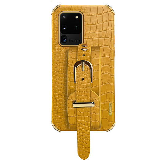 For Samsung Galaxy S20 Ultra Crocodile Texture Leather Coated TPU Phone Case 6D Electroplating Anti-drop Cover with Wristband - Yellow