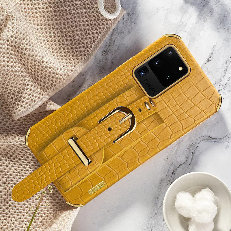 For Samsung Galaxy S20 Ultra Crocodile Texture Leather Coated TPU Phone Case 6D Electroplating Anti-drop Cover with Wristband - Yellow
