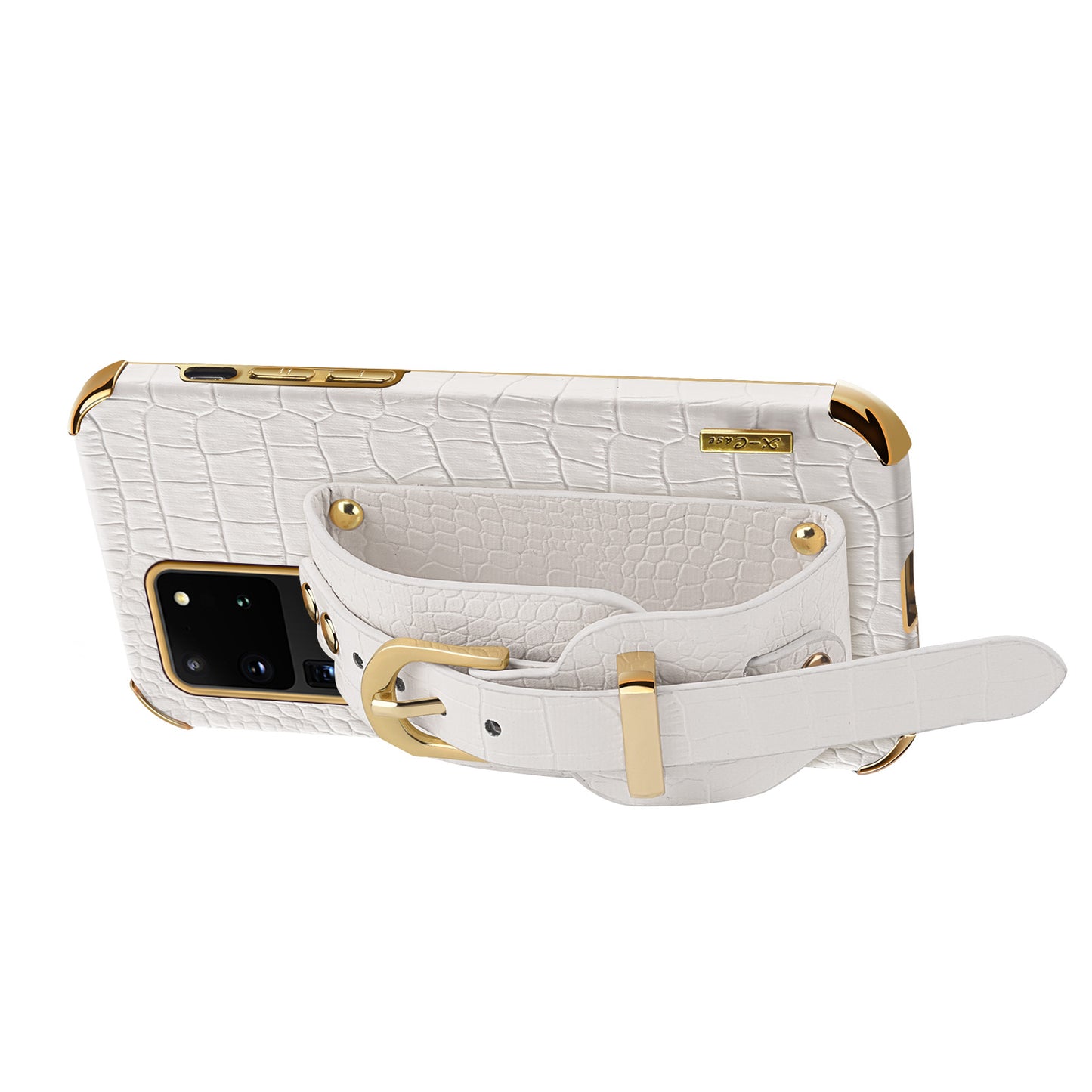 For Samsung Galaxy S20 Ultra Crocodile Texture Leather Coated TPU Phone Case 6D Electroplating Anti-drop Cover with Wristband - Yellow
