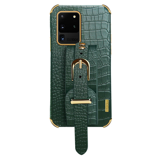 For Samsung Galaxy S20 Ultra Crocodile Texture Leather Coated TPU Phone Case 6D Electroplating Anti-drop Cover with Wristband - Green