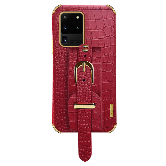 For Samsung Galaxy S20 Ultra Crocodile Texture Leather Coated TPU Phone Case 6D Electroplating Anti-drop Cover with Wristband - Red