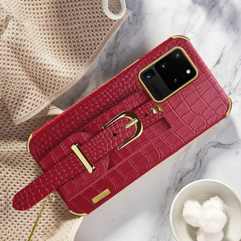 For Samsung Galaxy S20 Ultra Crocodile Texture Leather Coated TPU Phone Case 6D Electroplating Anti-drop Cover with Wristband - Red