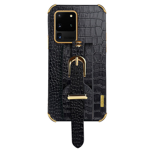 For Samsung Galaxy S20 Ultra Crocodile Texture Leather Coated TPU Phone Case 6D Electroplating Anti-drop Cover with Wristband - Black