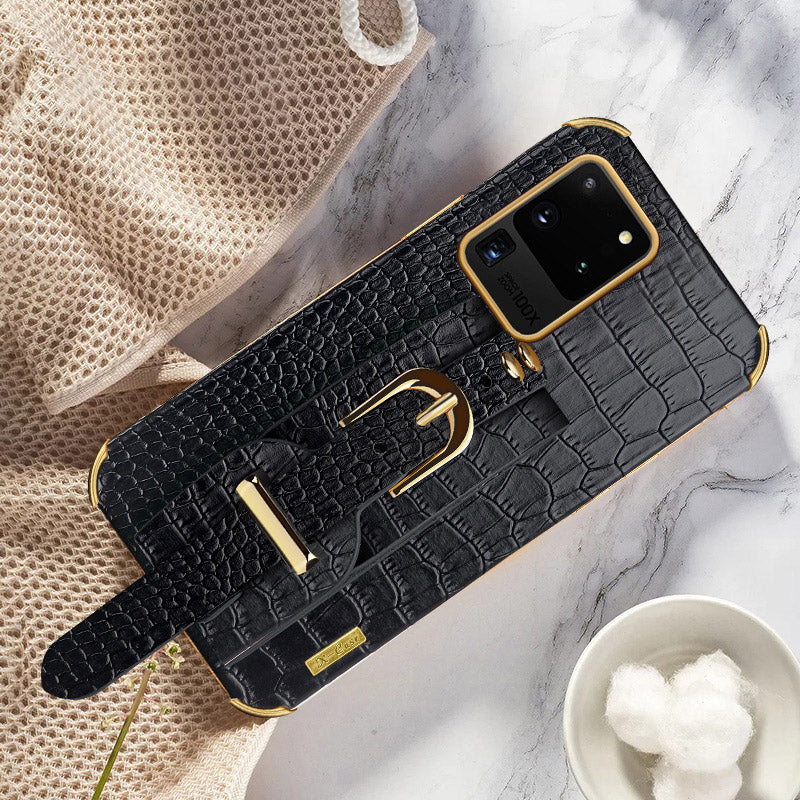 For Samsung Galaxy S20 Ultra Crocodile Texture Leather Coated TPU Phone Case 6D Electroplating Anti-drop Cover with Wristband - Black