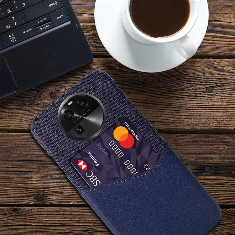 Leather Coated PC Phone Case for Oppo Find X6 , Card Slot Cloth Texture Phone Cover - Blue