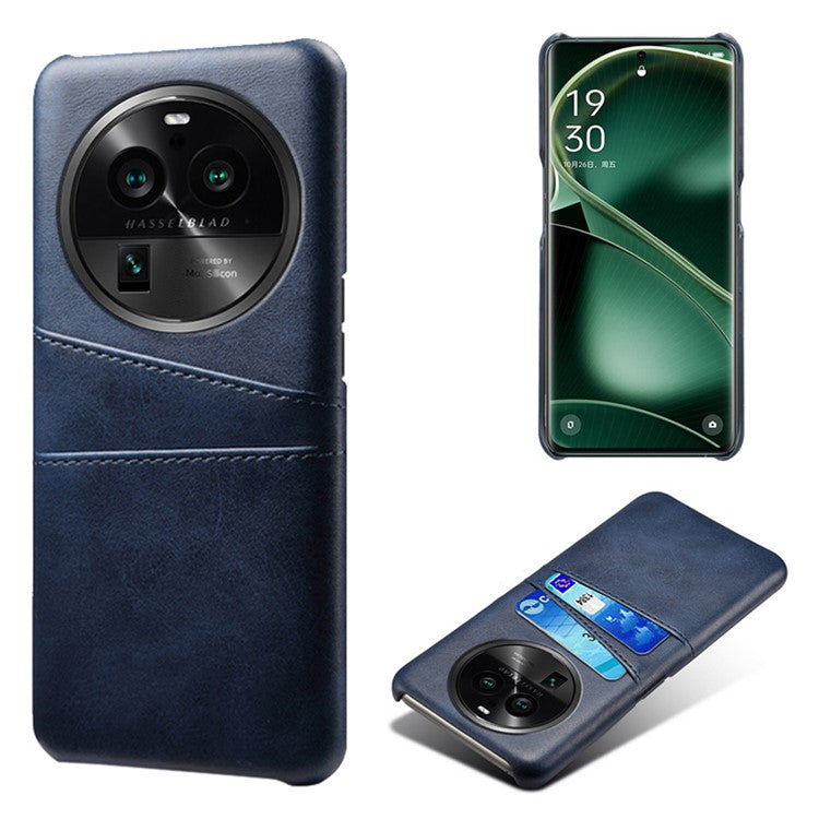 Phone Case for Oppo Find X6 Pro Back Shell, Dual Card Slots PU Leather Coated PC Cover - Blue