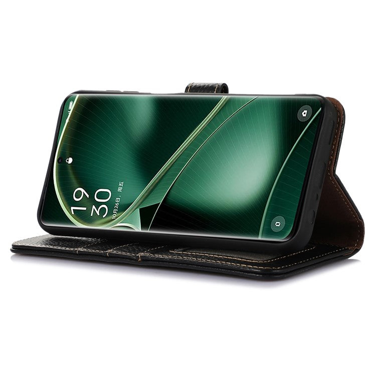 Phone Cover for Oppo Find X6 Pro RFID Blocking Litchi Texture Genuine Cow Leather Wallet Stand Case - Black