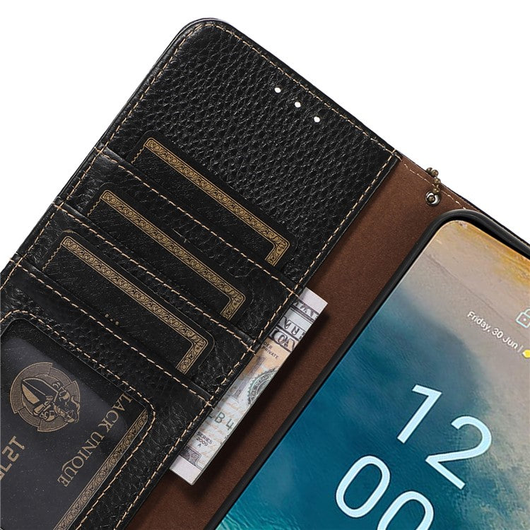 Phone Cover for Oppo Find X6 Pro RFID Blocking Litchi Texture Genuine Cow Leather Wallet Stand Case - Black