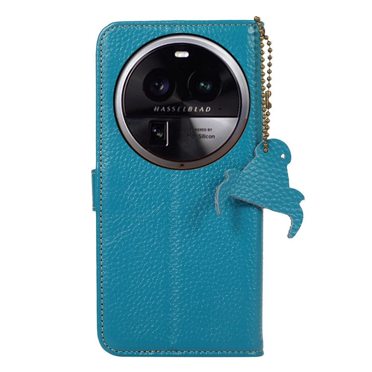 Phone Cover for Oppo Find X6 Pro RFID Blocking Litchi Texture Genuine Cow Leather Wallet Stand Case - Blue