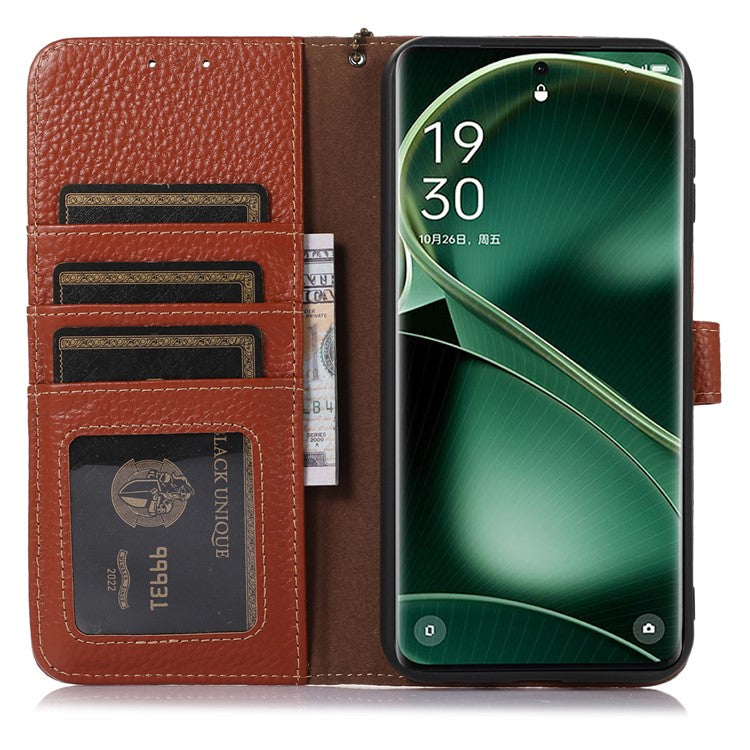 Phone Cover for Oppo Find X6 Pro RFID Blocking Litchi Texture Genuine Cow Leather Wallet Stand Case - Brown