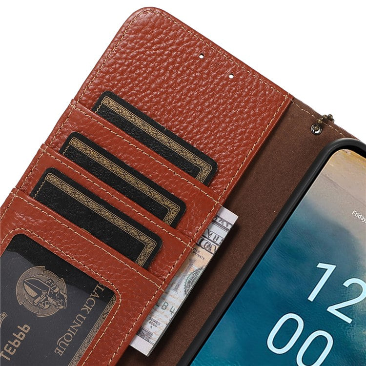 Phone Cover for Oppo Find X6 Pro RFID Blocking Litchi Texture Genuine Cow Leather Wallet Stand Case - Brown