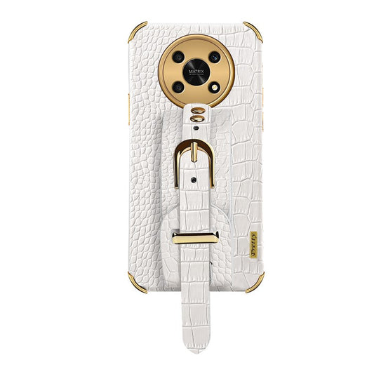 For Honor X30 5G Crocodile Texture Phone Cover 6D Electroplated Leather Coated TPU Anti-drop Case with Hand Strap - White