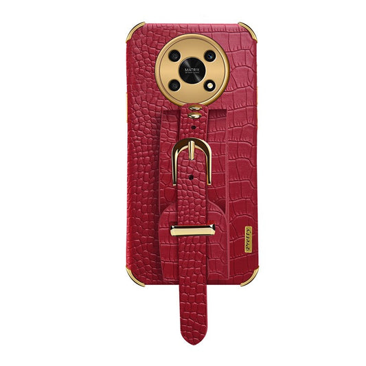 For Honor X30 5G Crocodile Texture Phone Cover 6D Electroplated Leather Coated TPU Anti-drop Case with Hand Strap - Red