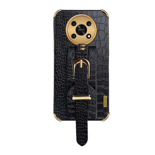 For Honor X30 5G Crocodile Texture Phone Cover 6D Electroplated Leather Coated TPU Anti-drop Case with Hand Strap - Black