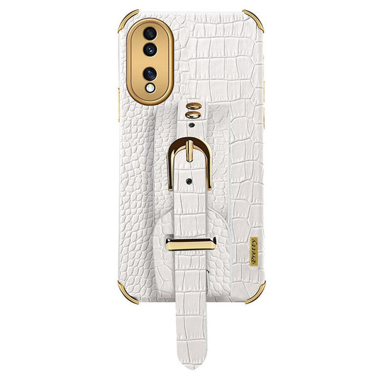 Shockproof Case for Honor 70 5G Phone Case Crocodile Texture Electroplating Phone Shell with Hand Strap Kickstand - White