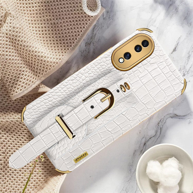 Shockproof Case for Honor 70 5G Phone Case Crocodile Texture Electroplating Phone Shell with Hand Strap Kickstand - White