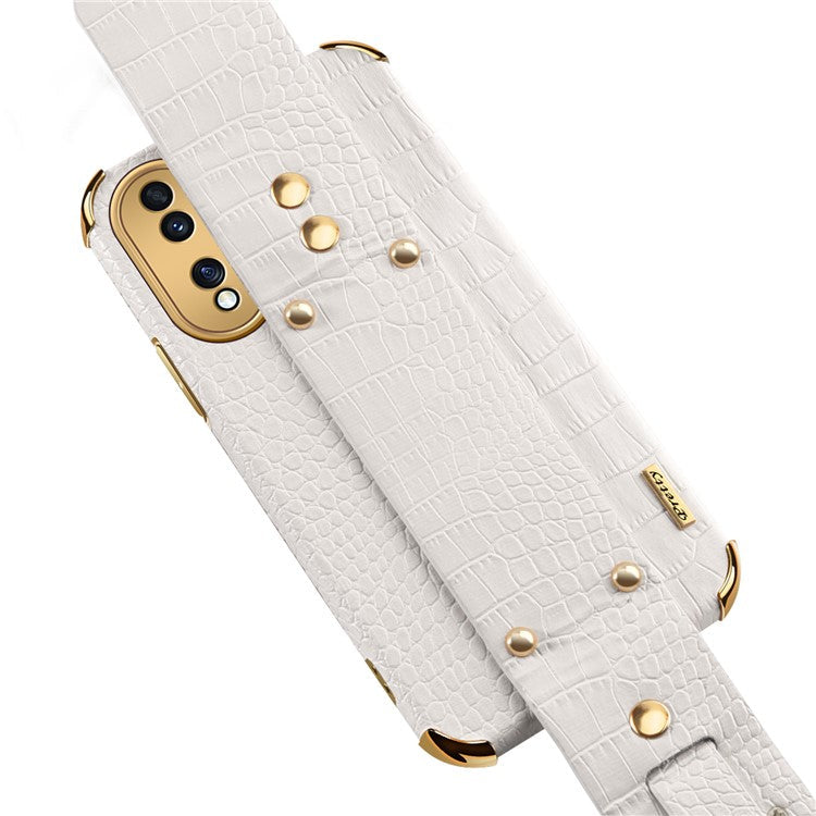 Shockproof Case for Honor 70 5G Phone Case Crocodile Texture Electroplating Phone Shell with Hand Strap Kickstand - White