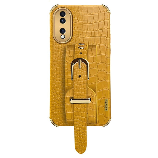 Shockproof Case for Honor 70 5G Phone Case Crocodile Texture Electroplating Phone Shell with Hand Strap Kickstand - Yellow