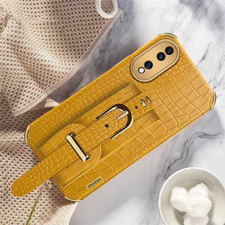 Shockproof Case for Honor 70 5G Phone Case Crocodile Texture Electroplating Phone Shell with Hand Strap Kickstand - Yellow