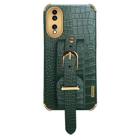 Shockproof Case for Honor 70 5G Phone Case Crocodile Texture Electroplating Phone Shell with Hand Strap Kickstand - Green