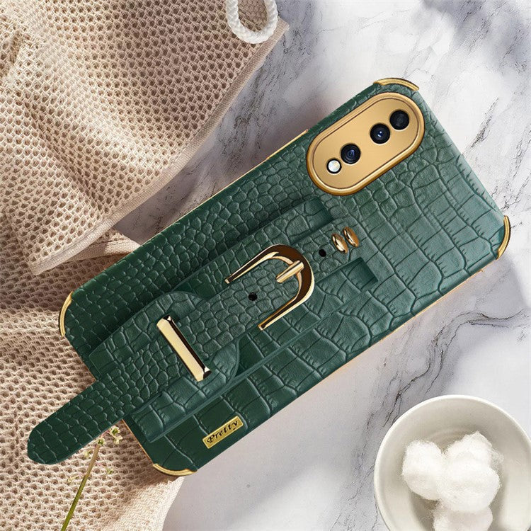 Shockproof Case for Honor 70 5G Phone Case Crocodile Texture Electroplating Phone Shell with Hand Strap Kickstand - Green