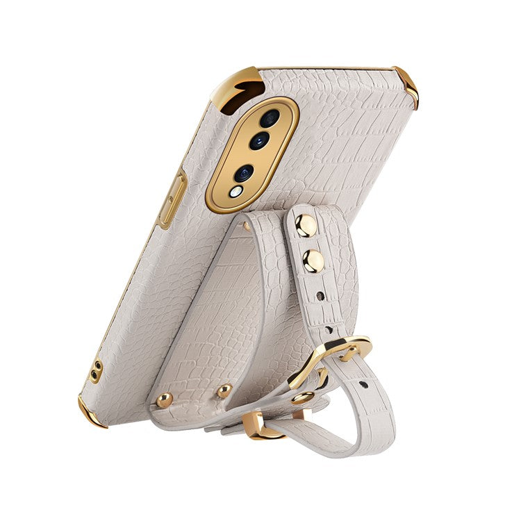 Shockproof Case for Honor 70 5G Phone Case Crocodile Texture Electroplating Phone Shell with Hand Strap Kickstand - Green