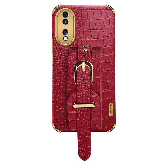 Shockproof Case for Honor 70 5G Phone Case Crocodile Texture Electroplating Phone Shell with Hand Strap Kickstand - Red