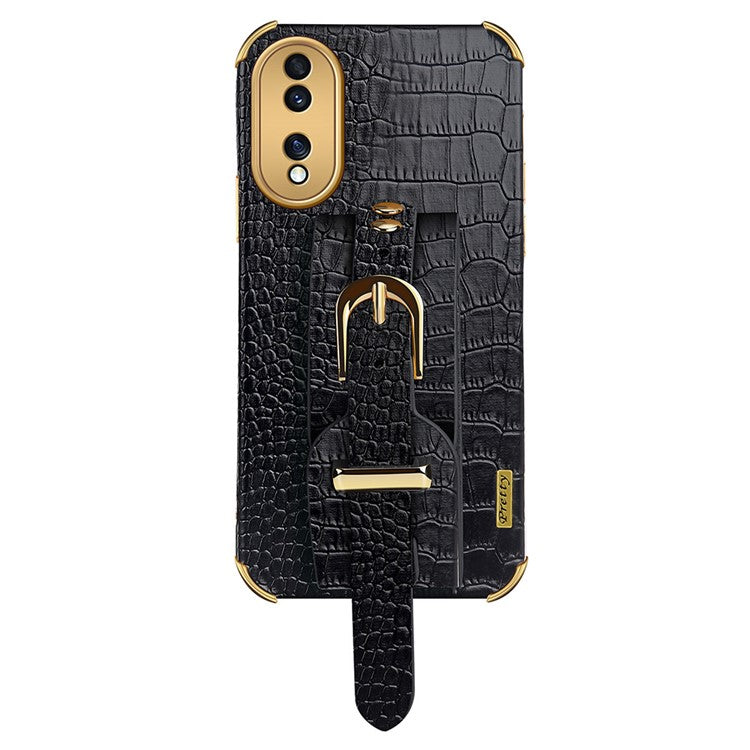 Shockproof Case for Honor 70 5G Phone Case Crocodile Texture Electroplating Phone Shell with Hand Strap Kickstand - Black