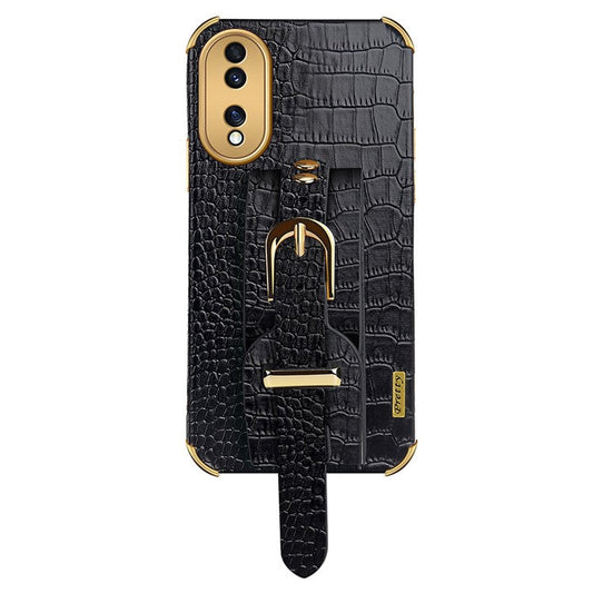 Shockproof Case for Honor 70 5G Phone Case Crocodile Texture Electroplating Phone Shell with Hand Strap Kickstand - Black