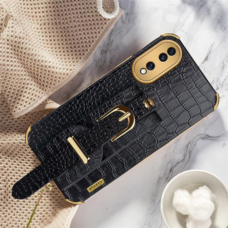 Shockproof Case for Honor 70 5G Phone Case Crocodile Texture Electroplating Phone Shell with Hand Strap Kickstand - Black