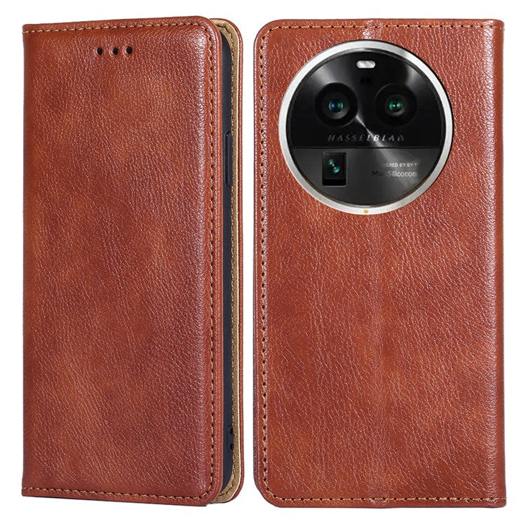 Phone Stand Case for Oppo Find X6 Pro Magnetic Auto-closing PU Leather Wallet Drop-proof Cover - Brown