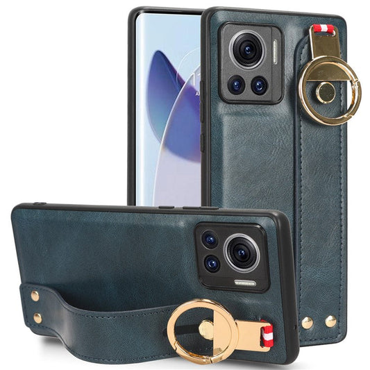 For Motorola Edge 30 Ultra 5G / Moto X30 Pro 5G Phone Case Leather Coated PC+TPU Wristband Kickstand Cover with Neck Strap - Blue