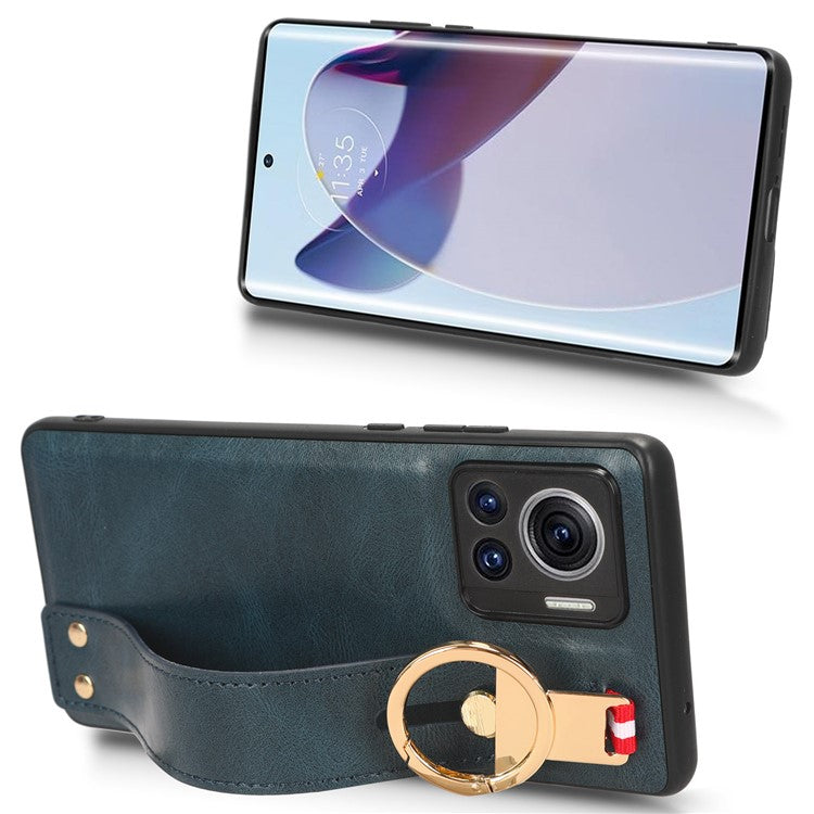 For Motorola Edge 30 Ultra 5G / Moto X30 Pro 5G Phone Case Leather Coated PC+TPU Wristband Kickstand Cover with Neck Strap - Blue