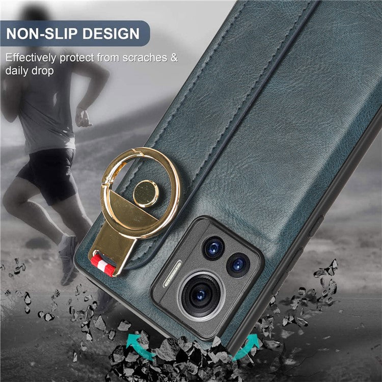 For Motorola Edge 30 Ultra 5G / Moto X30 Pro 5G Phone Case Leather Coated PC+TPU Wristband Kickstand Cover with Neck Strap - Blue