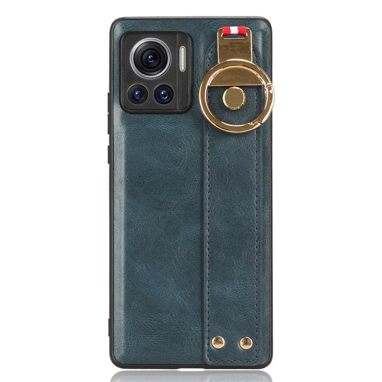 For Motorola Edge 30 Ultra 5G / Moto X30 Pro 5G Phone Case Leather Coated PC+TPU Wristband Kickstand Cover with Neck Strap - Blue