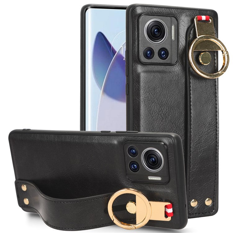 For Motorola Edge 30 Ultra 5G / Moto X30 Pro 5G Phone Case Leather Coated PC+TPU Wristband Kickstand Cover with Neck Strap - Black