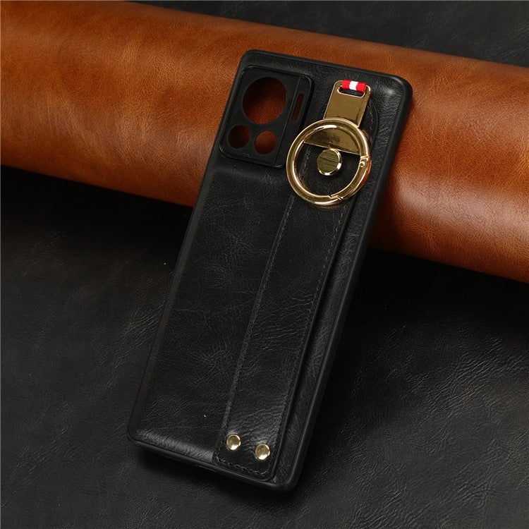 For Motorola Edge 30 Ultra 5G / Moto X30 Pro 5G Phone Case Leather Coated PC+TPU Wristband Kickstand Cover with Neck Strap - Black