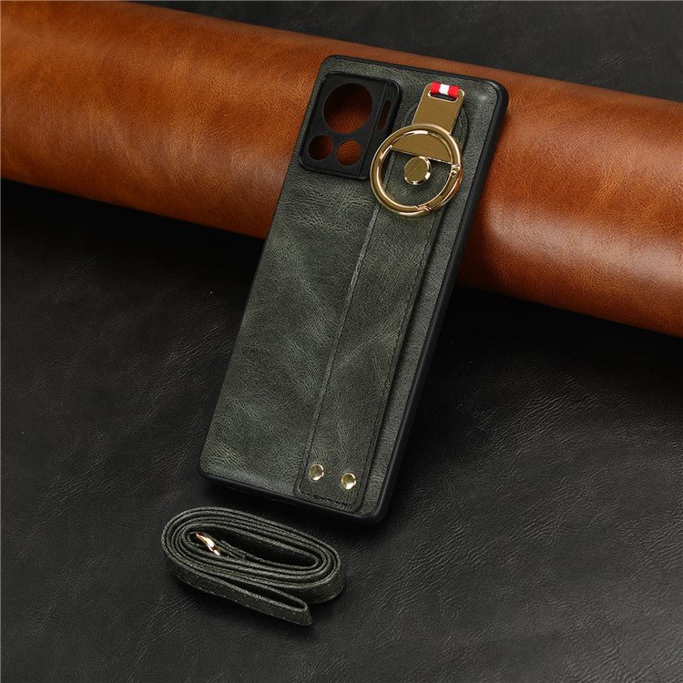 For Motorola Edge 30 Ultra 5G / Moto X30 Pro 5G Phone Case Leather Coated PC+TPU Wristband Kickstand Cover with Neck Strap - Green