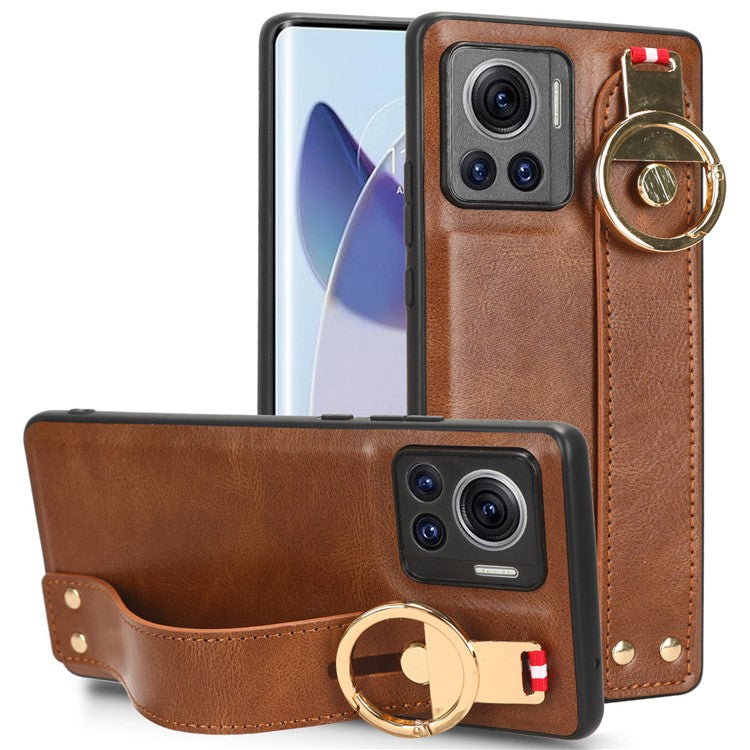 For Motorola Edge 30 Ultra 5G / Moto X30 Pro 5G Phone Case Leather Coated PC+TPU Wristband Kickstand Cover with Neck Strap - Brown