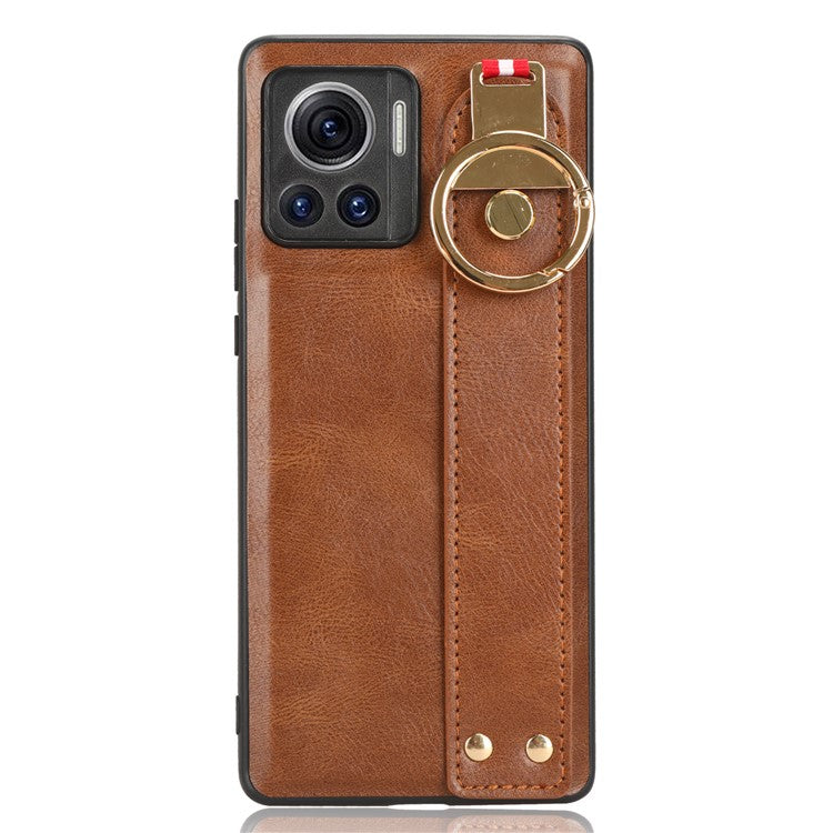 For Motorola Edge 30 Ultra 5G / Moto X30 Pro 5G Phone Case Leather Coated PC+TPU Wristband Kickstand Cover with Neck Strap - Brown