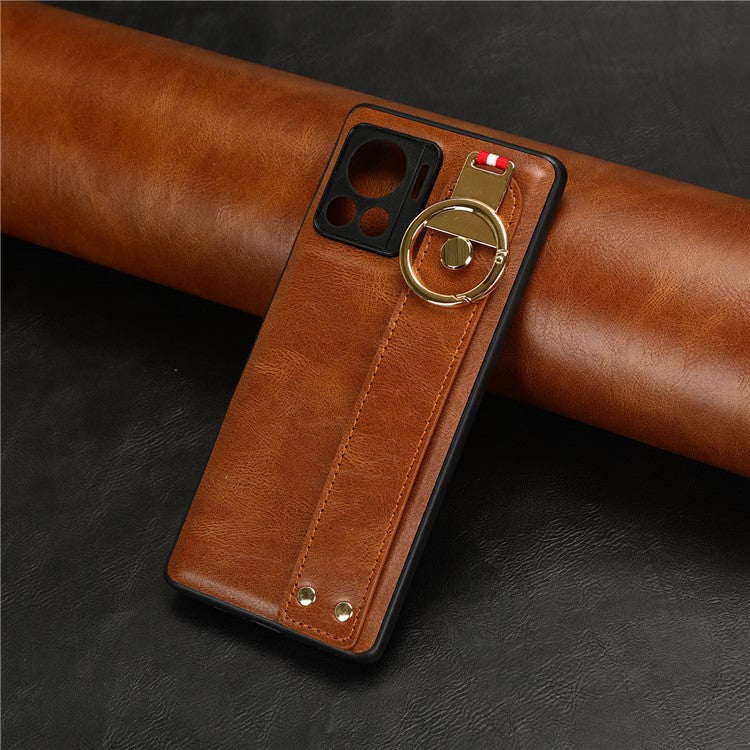 For Motorola Edge 30 Ultra 5G / Moto X30 Pro 5G Phone Case Leather Coated PC+TPU Wristband Kickstand Cover with Neck Strap - Brown