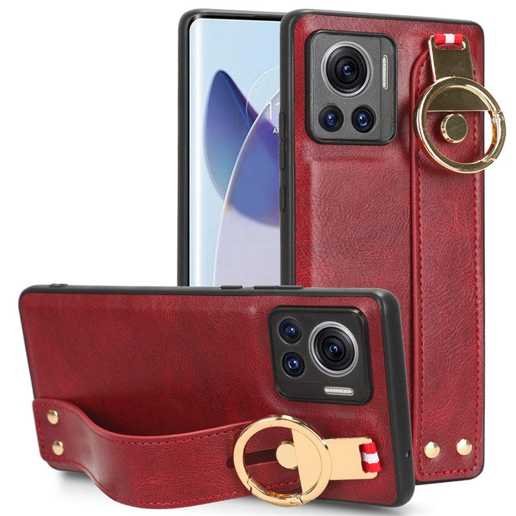 For Motorola Edge 30 Ultra 5G / Moto X30 Pro 5G Phone Case Leather Coated PC+TPU Wristband Kickstand Cover with Neck Strap - Red