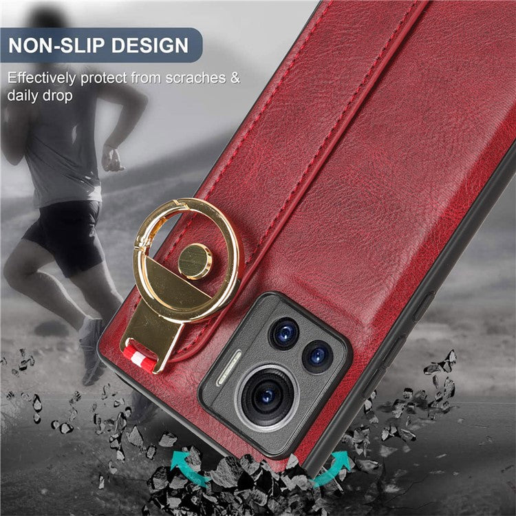 For Motorola Edge 30 Ultra 5G / Moto X30 Pro 5G Phone Case Leather Coated PC+TPU Wristband Kickstand Cover with Neck Strap - Red