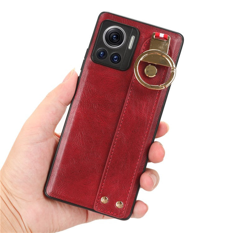 For Motorola Edge 30 Ultra 5G / Moto X30 Pro 5G Phone Case Leather Coated PC+TPU Wristband Kickstand Cover with Neck Strap - Red