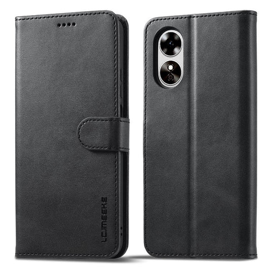 LC.IMEEKE Phone Cover for Oppo A78 5G / A58 5G / A58x 5G PU Leather Calf Texture Stand Wallet Case - Black
