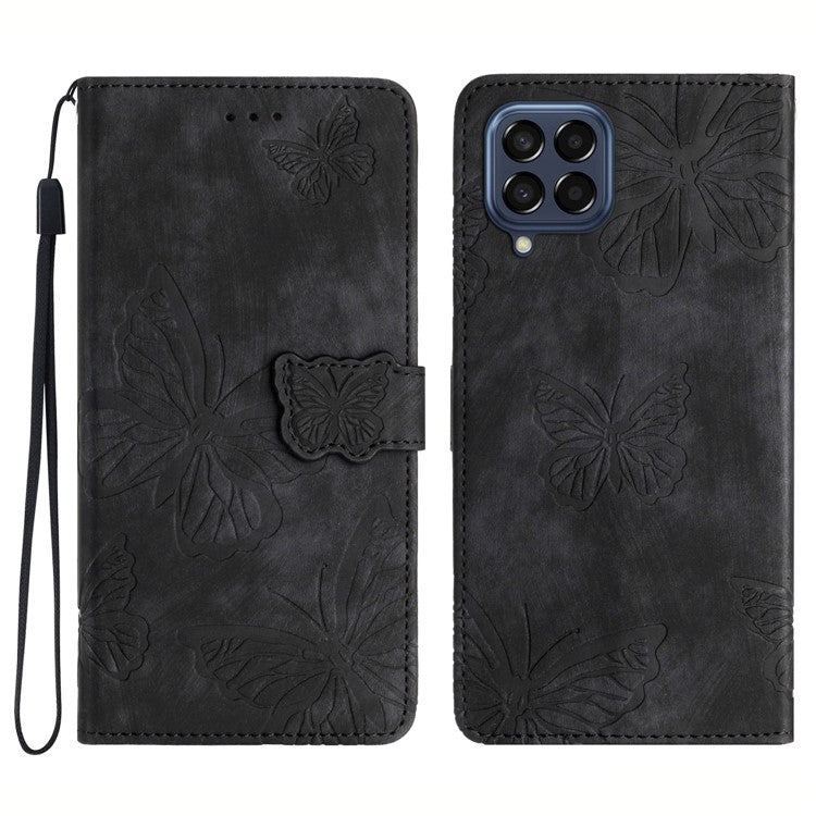 For Samsung Galaxy M53 5G Stand Case, PU Leather Wallet Butterfly Imprinted Skin-touch Phone Cover - Black