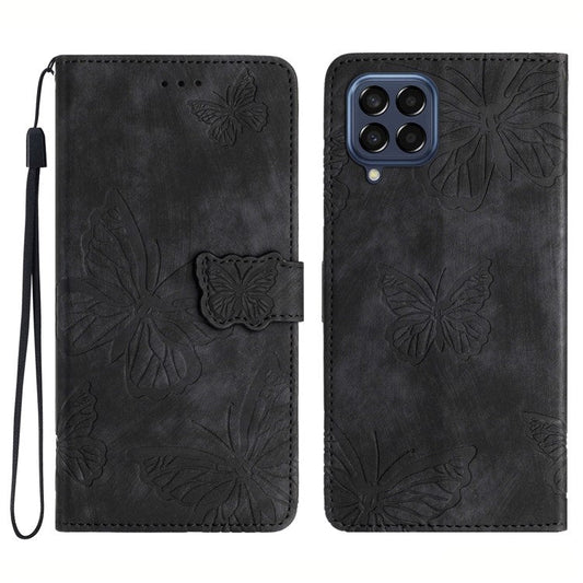 For Samsung Galaxy M53 5G Stand Case, PU Leather Wallet Butterfly Imprinted Skin-touch Phone Cover - Black